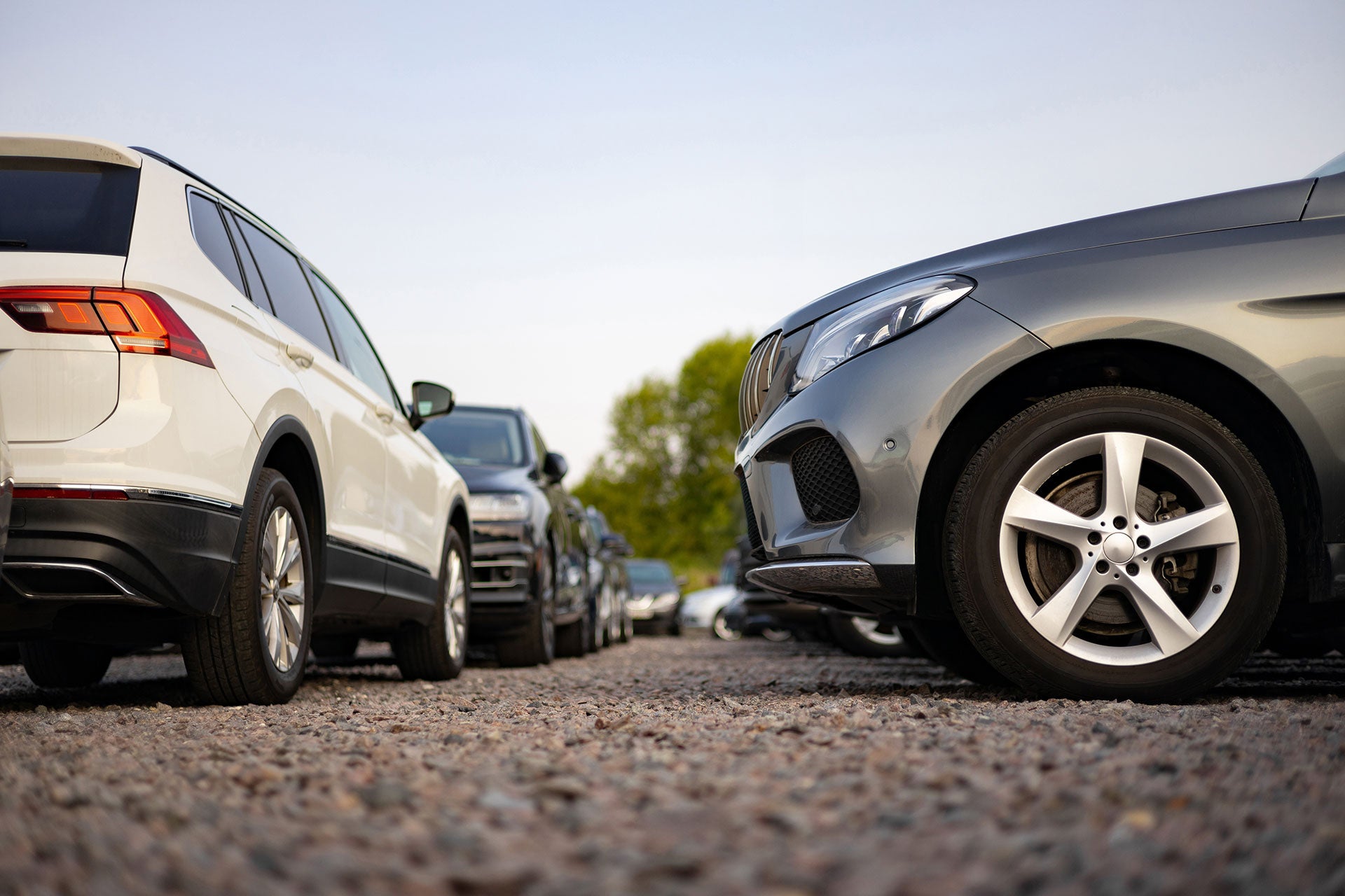 Rows of pre-owned vehicles parked on a gravel lot